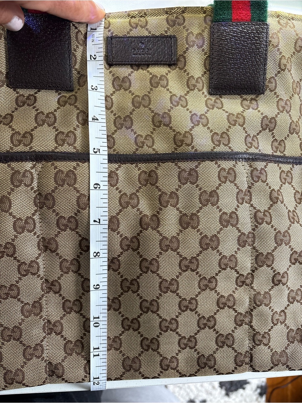 Gucci Beige GG Canvas Tote with Green and Red Web Handles - Picture 8 of 9